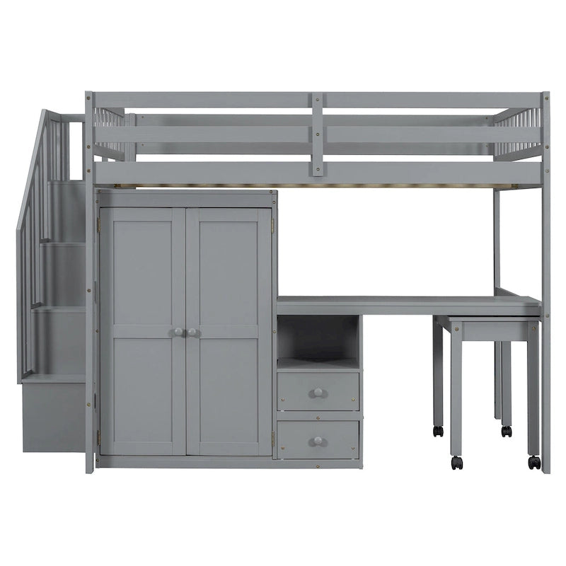 Letto a soppalco full size con scale, libreria, cassetti, scrivania e armadio