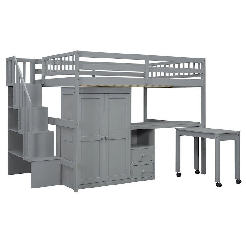 Letto a soppalco full size con scale, libreria, cassetti, scrivania e armadio