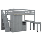 Letto a soppalco full size con scale, libreria, cassetti, scrivania e armadio