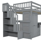 Letto a soppalco full size con scale, libreria, cassetti, scrivania e armadio