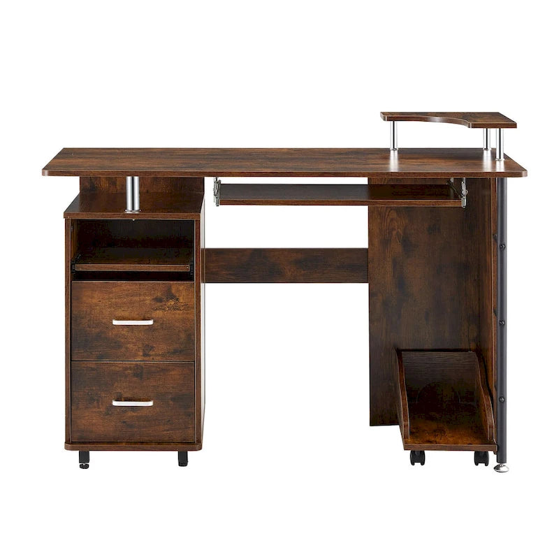 Scrivania curva tradizionale per computer con vassoio per tastiera, ripiani e cassetto per dispositivi, ideale per piccoli uffici domestici o stanze studio