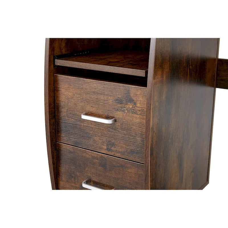 Scrivania curva tradizionale per computer con vassoio per tastiera, ripiani e cassetto per dispositivi, ideale per piccoli uffici domestici o stanze studio