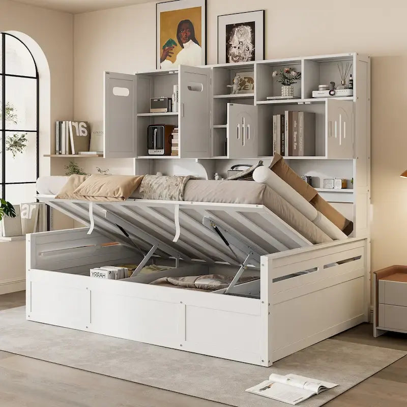 Divano letto matrimoniale in legno con sollevatore idraulico, armadio e mensola all-in-one, bianco