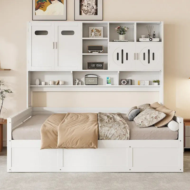 Divano letto matrimoniale in legno con sollevatore idraulico, armadio e mensola all-in-one, bianco