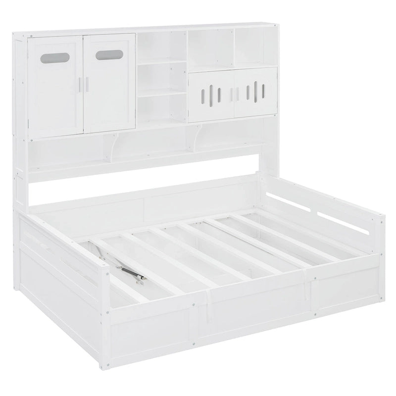 Divano letto matrimoniale in legno con sollevatore idraulico, armadio e mensola all-in-one, bianco