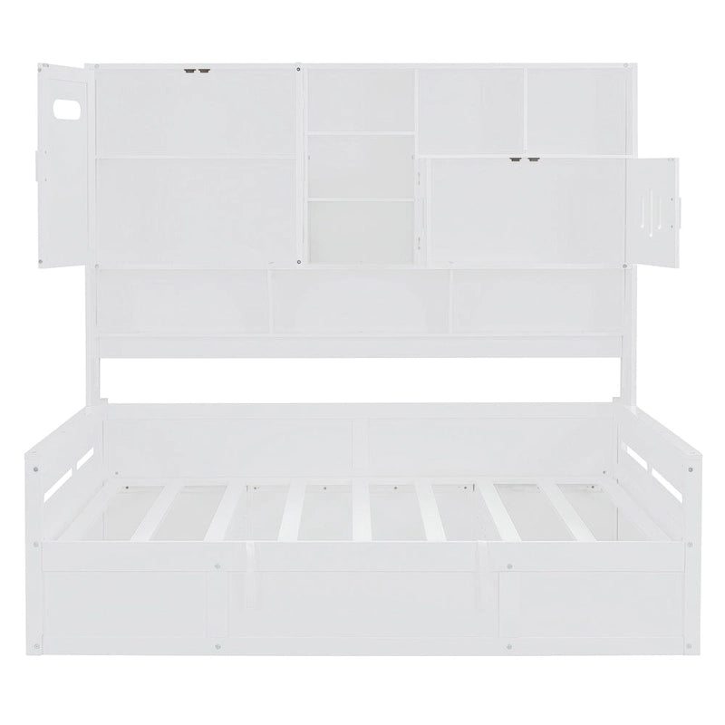 Divano letto matrimoniale in legno con sollevatore idraulico, armadio e mensola all-in-one, bianco