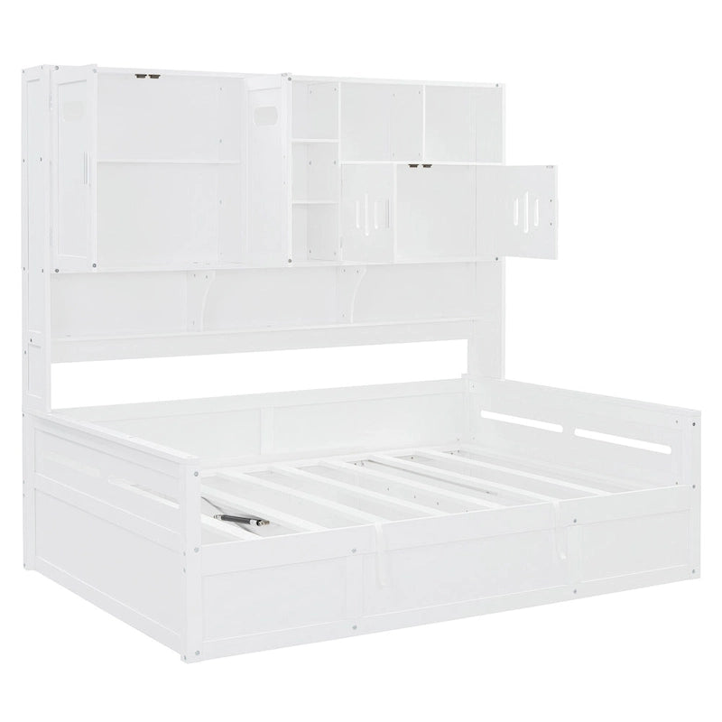 Divano letto matrimoniale in legno con sollevatore idraulico, armadio e mensola all-in-one, bianco