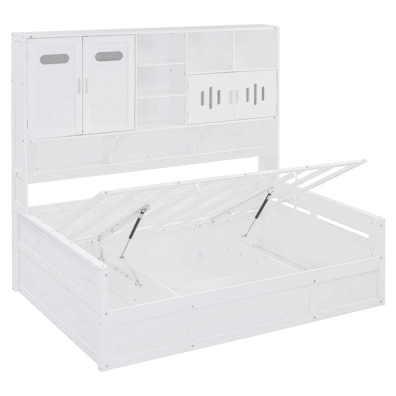 Divano letto matrimoniale in legno con sollevatore idraulico, armadio e mensola all-in-one, bianco