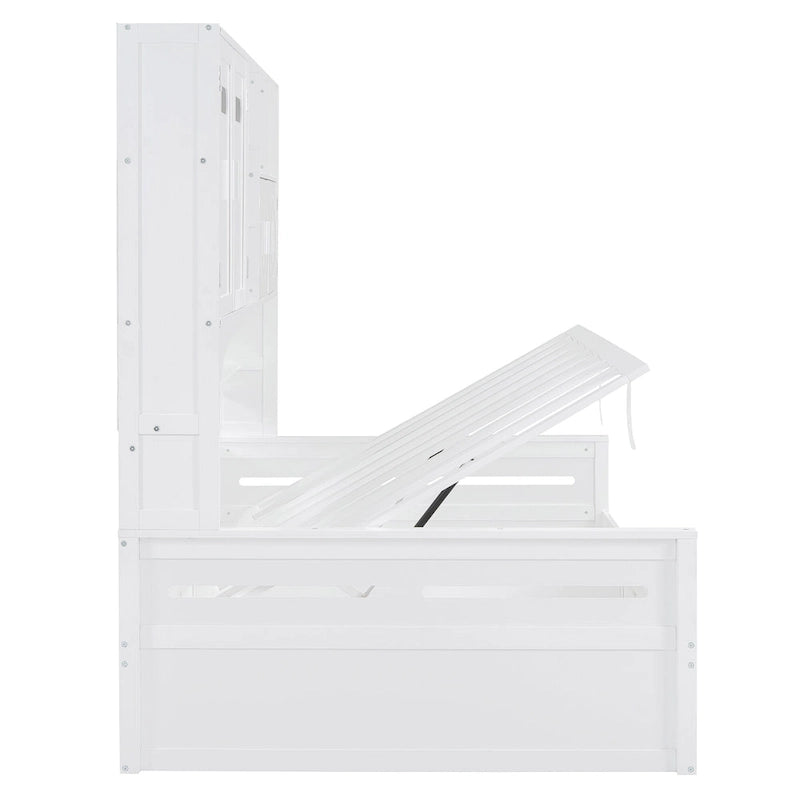 Divano letto matrimoniale in legno con sollevatore idraulico, armadio e mensola all-in-one, bianco
