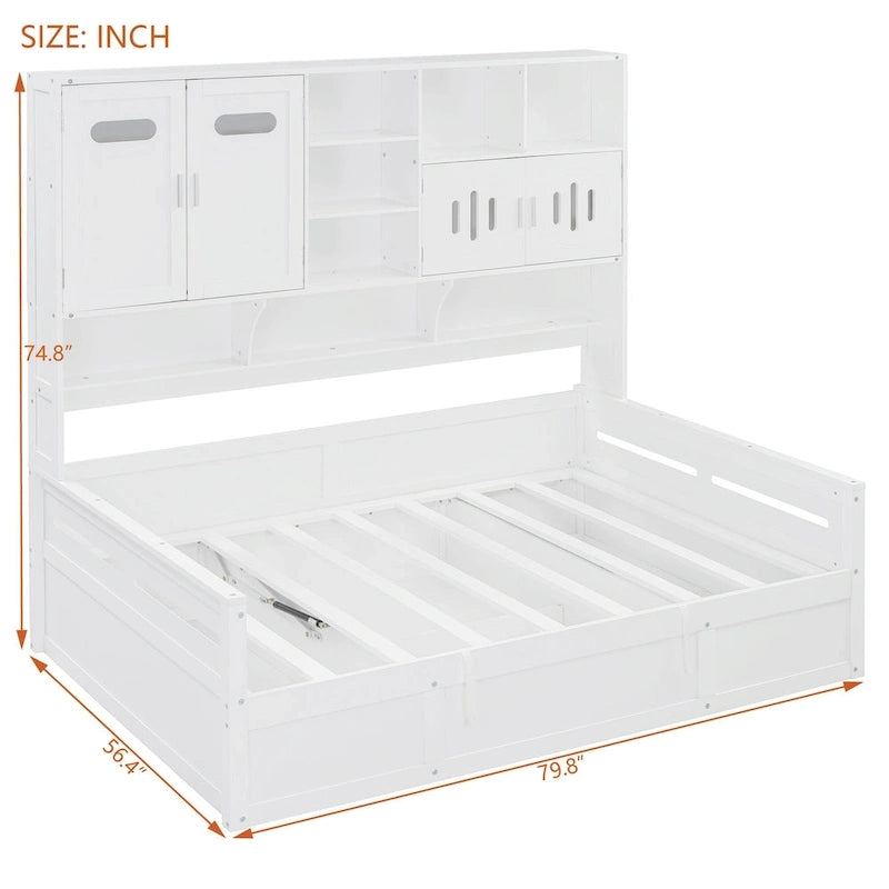 Divano letto matrimoniale in legno con sollevatore idraulico, armadio e mensola all-in-one, bianco