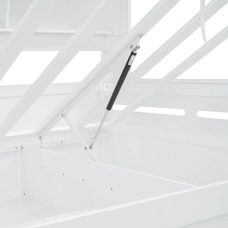 Divano letto matrimoniale in legno con sollevatore idraulico, armadio e mensola all-in-one, bianco
