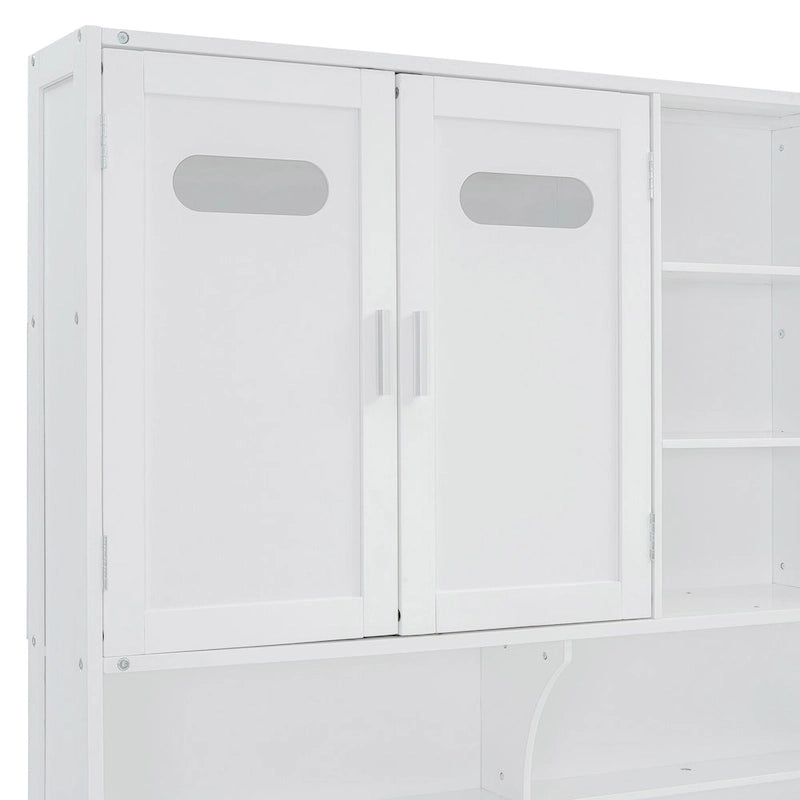 Divano letto matrimoniale in legno con sollevatore idraulico, armadio e mensola all-in-one, bianco