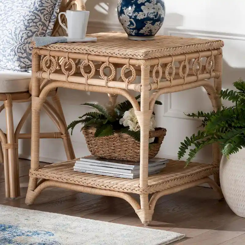   Braided Natural Rattan End Table with Shelf - Boho Table with Loop Detailing, Coastal Style for Living Room or Bedroom