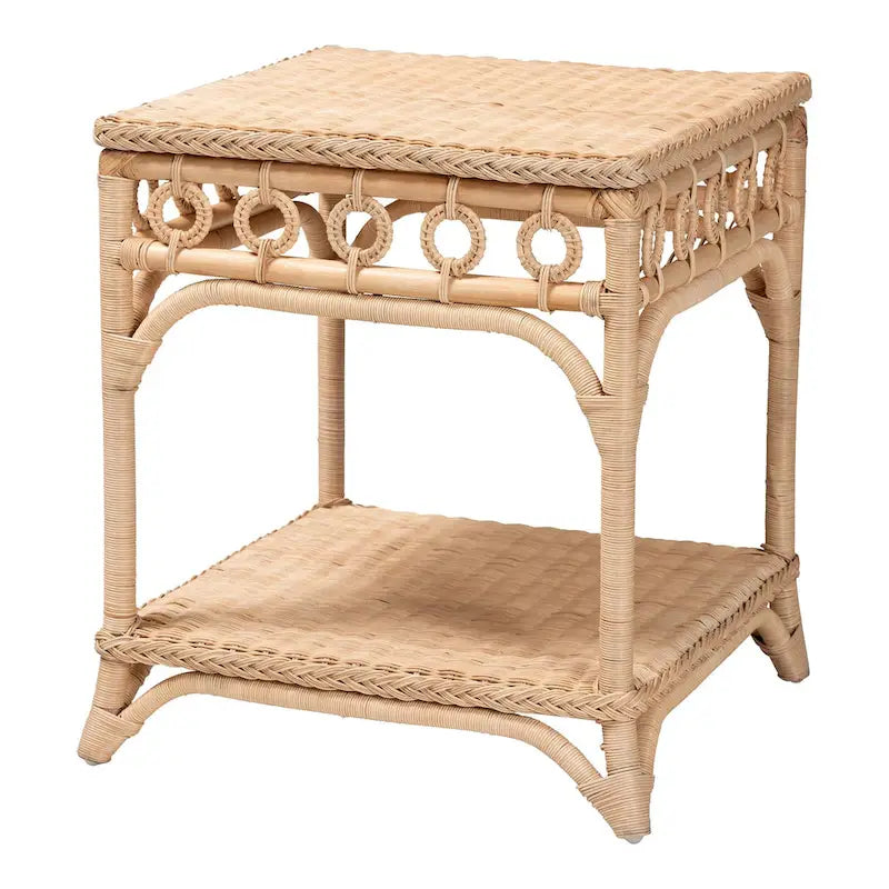 Tavolino intrecciato in rattan naturale con ripiano - Tavolino bohémien con dettagli ad anello, stile costiero per soggiorno o camera da letto