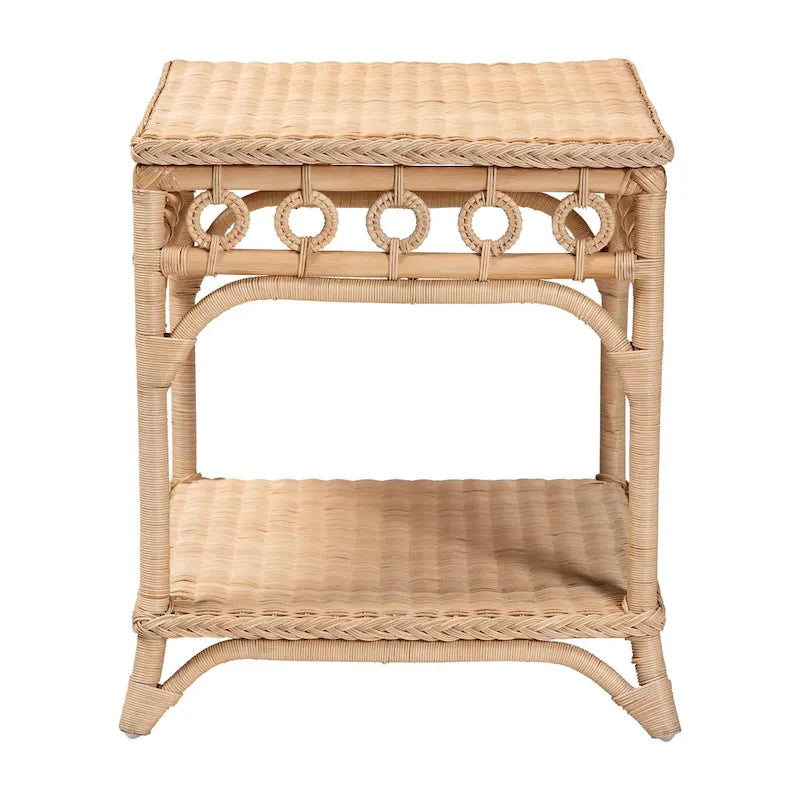 Tavolino intrecciato in rattan naturale con ripiano - Tavolino bohémien con dettagli ad anello, stile costiero per soggiorno o camera da letto