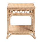 Tavolino intrecciato in rattan naturale con ripiano - Tavolino bohémien con dettagli ad anello, stile costiero per soggiorno o camera da letto