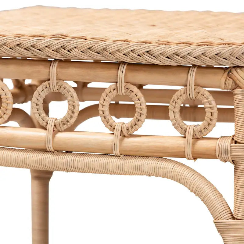 Tavolino intrecciato in rattan naturale con ripiano - Tavolino bohémien con dettagli ad anello, stile costiero per soggiorno o camera da letto