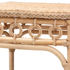 Tavolino intrecciato in rattan naturale con ripiano - Tavolino bohémien con dettagli ad anello, stile costiero per soggiorno o camera da letto