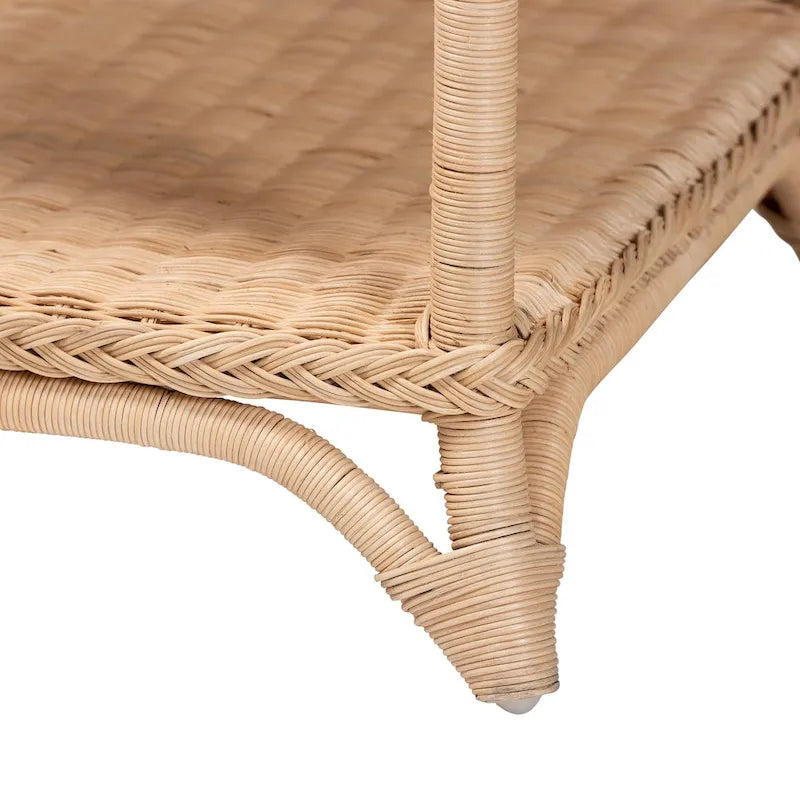 Tavolino intrecciato in rattan naturale con ripiano - Tavolino bohémien con dettagli ad anello, stile costiero per soggiorno o camera da letto