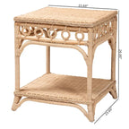 Tavolino intrecciato in rattan naturale con ripiano - Tavolino bohémien con dettagli ad anello, stile costiero per soggiorno o camera da letto