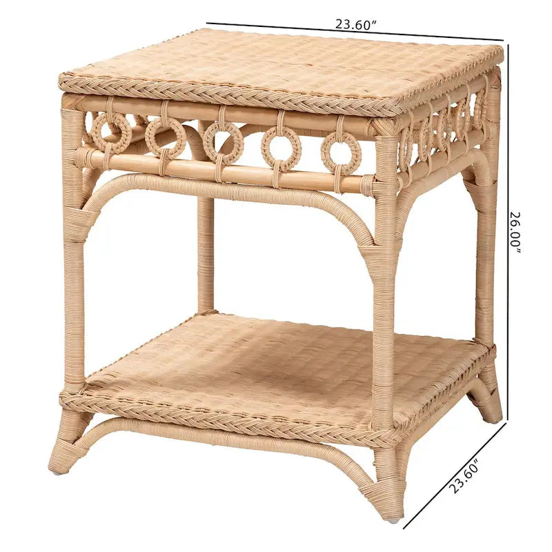 Tavolino intrecciato in rattan naturale con ripiano - Tavolino bohémien con dettagli ad anello, stile costiero per soggiorno o camera da letto
