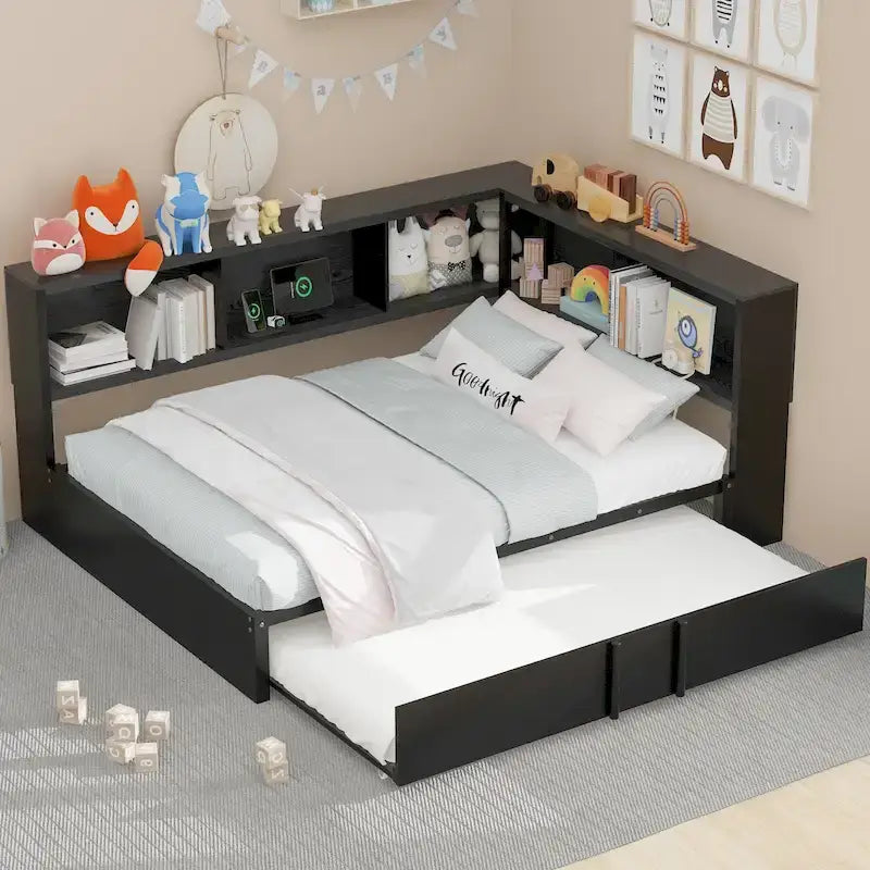 Divano letto con struttura in metallo, con libreria ad angolo, spondina di protezione, porte USB e letto estraibile, a basso profilo