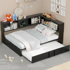 Divano letto con struttura in metallo, con libreria ad angolo, spondina di protezione, porte USB e letto estraibile, a basso profilo