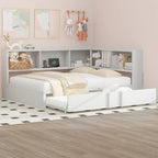 Divano letto con struttura in metallo, con libreria ad angolo, spondina di protezione, porte USB e letto estraibile, a basso profilo