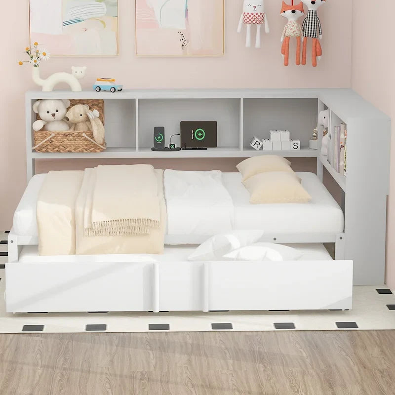 Divano letto con struttura in metallo, con libreria ad angolo, spondina di protezione, porte USB e letto estraibile, a basso profilo