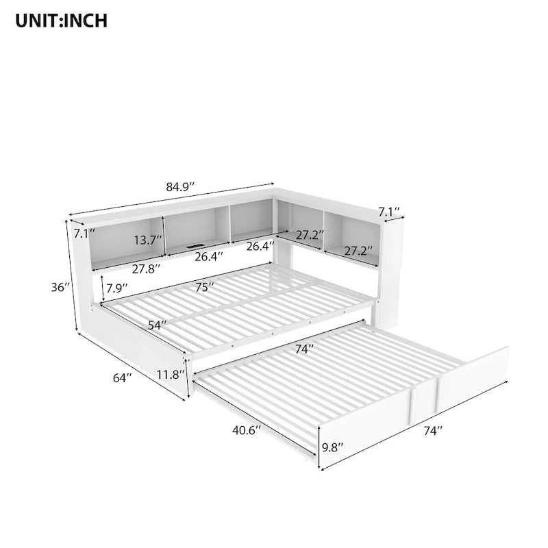 Divano letto con struttura in metallo, con libreria ad angolo, spondina di protezione, porte USB e letto estraibile, a basso profilo
