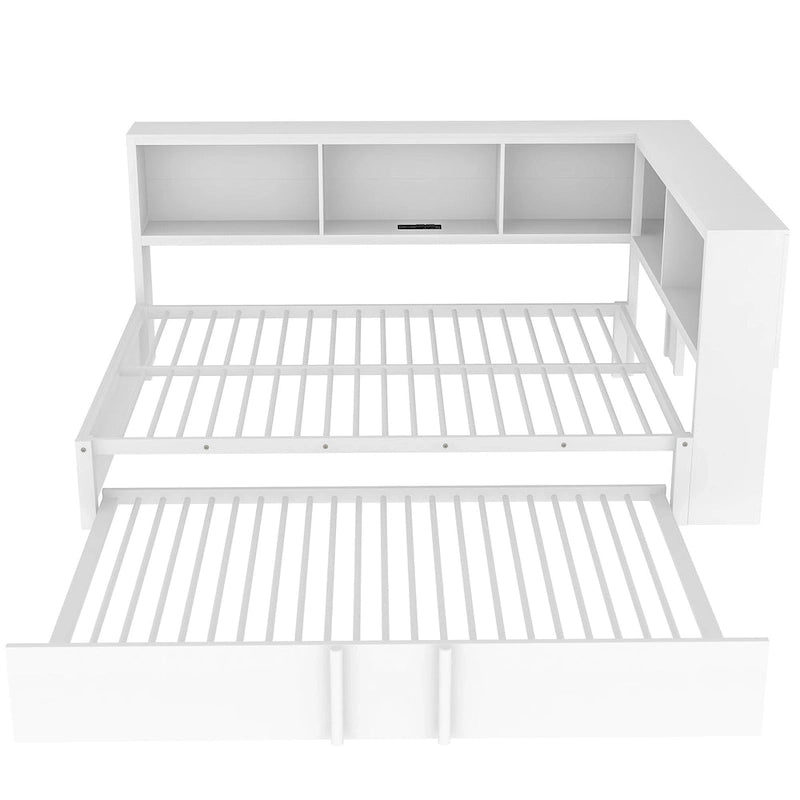 Divano letto con struttura in metallo, con libreria ad angolo, spondina di protezione, porte USB e letto estraibile, a basso profilo