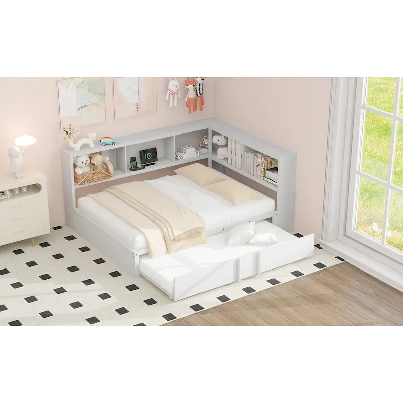 Divano letto con struttura in metallo, con libreria ad angolo, spondina di protezione, porte USB e letto estraibile, a basso profilo