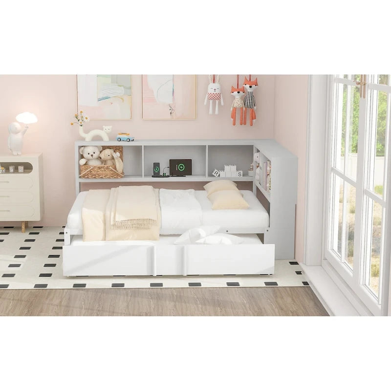 Divano letto con struttura in metallo, con libreria ad angolo, spondina di protezione, porte USB e letto estraibile, a basso profilo