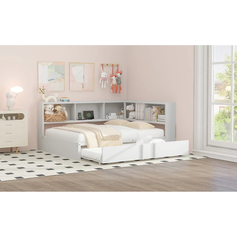 Divano letto con struttura in metallo, con libreria ad angolo, spondina di protezione, porte USB e letto estraibile, a basso profilo