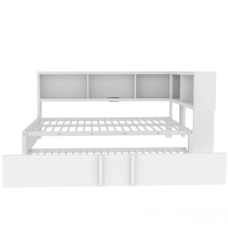 Divano letto con struttura in metallo, con libreria ad angolo, spondina di protezione, porte USB e letto estraibile, a basso profilo