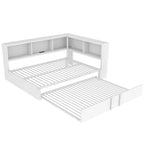 Divano letto con struttura in metallo, con libreria ad angolo, spondina di protezione, porte USB e letto estraibile, a basso profilo