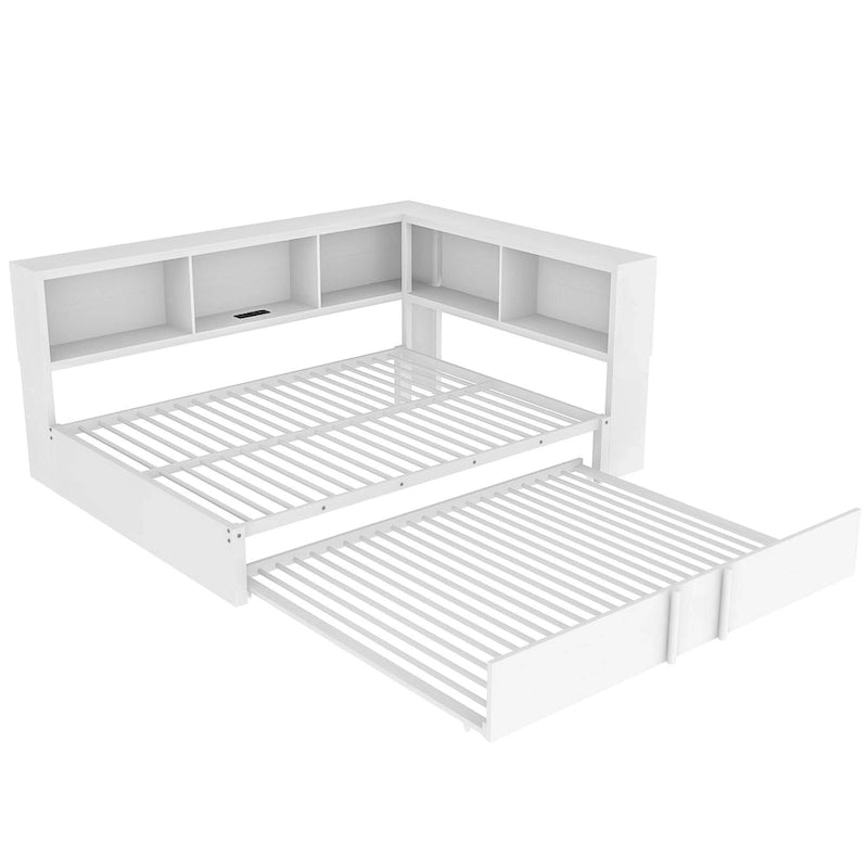 Divano letto con struttura in metallo, con libreria ad angolo, spondina di protezione, porte USB e letto estraibile, a basso profilo