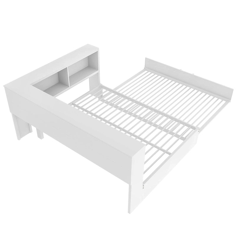 Divano letto con struttura in metallo, con libreria ad angolo, spondina di protezione, porte USB e letto estraibile, a basso profilo