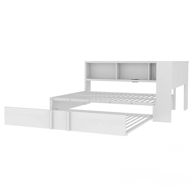 Divano letto con struttura in metallo, con libreria ad angolo, spondina di protezione, porte USB e letto estraibile, a basso profilo