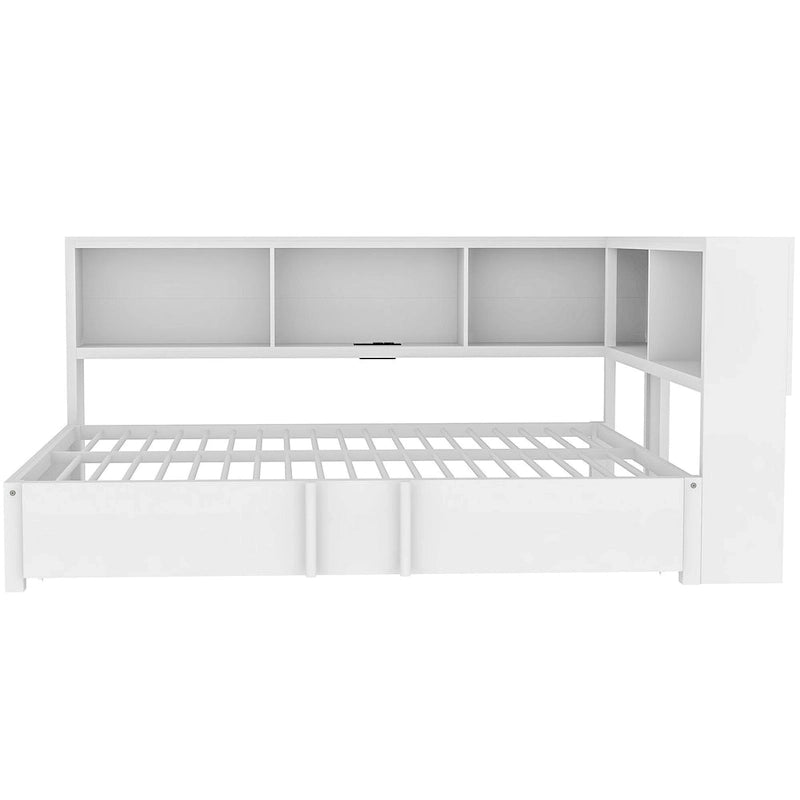 Divano letto con struttura in metallo, con libreria ad angolo, spondina di protezione, porte USB e letto estraibile, a basso profilo