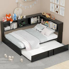 Divano letto con struttura in metallo, con libreria ad angolo, spondina di protezione, porte USB e letto estraibile, a basso profilo