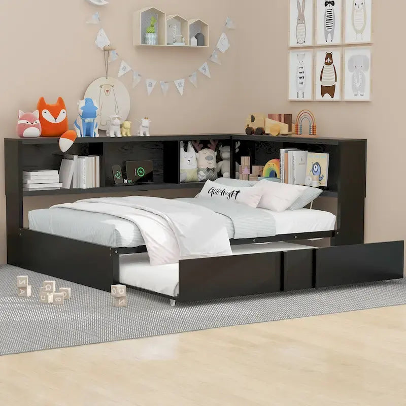 Divano letto con struttura in metallo, con libreria ad angolo, spondina di protezione, porte USB e letto estraibile, a basso profilo
