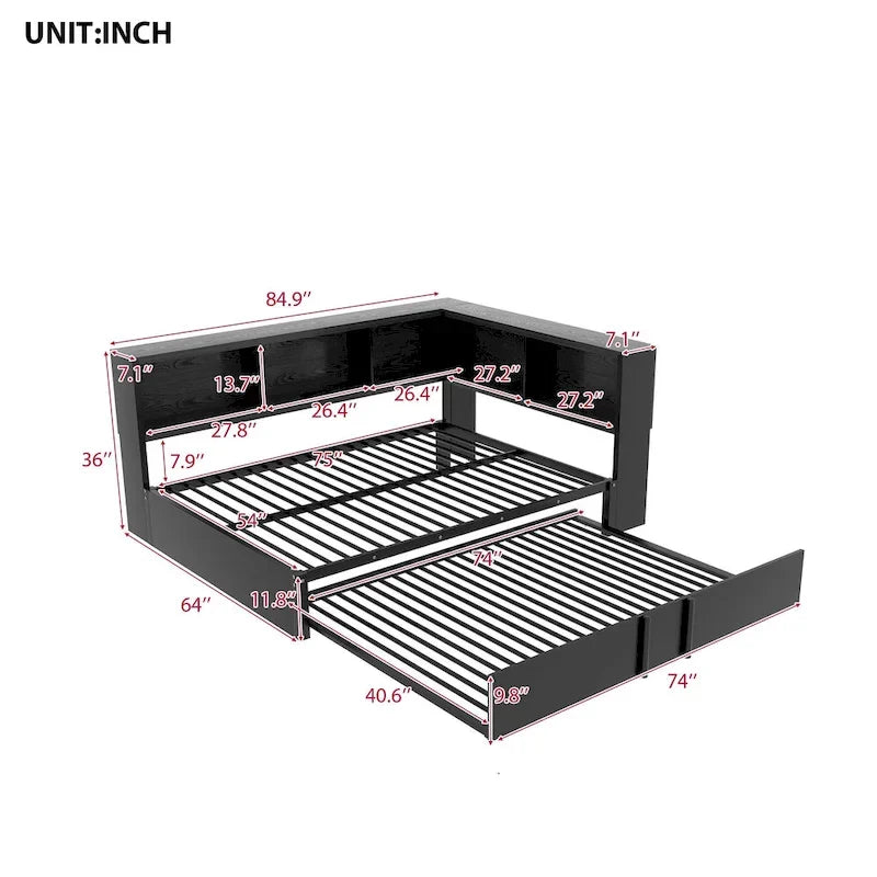 Divano letto con struttura in metallo, con libreria ad angolo, spondina di protezione, porte USB e letto estraibile, a basso profilo