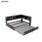 Divano letto con struttura in metallo, con libreria ad angolo, spondina di protezione, porte USB e letto estraibile, a basso profilo