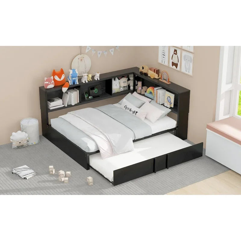 Divano letto con struttura in metallo, con libreria ad angolo, spondina di protezione, porte USB e letto estraibile, a basso profilo
