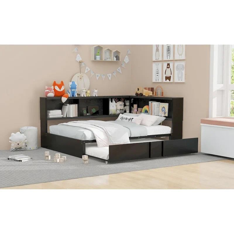 Divano letto con struttura in metallo, con libreria ad angolo, spondina di protezione, porte USB e letto estraibile, a basso profilo