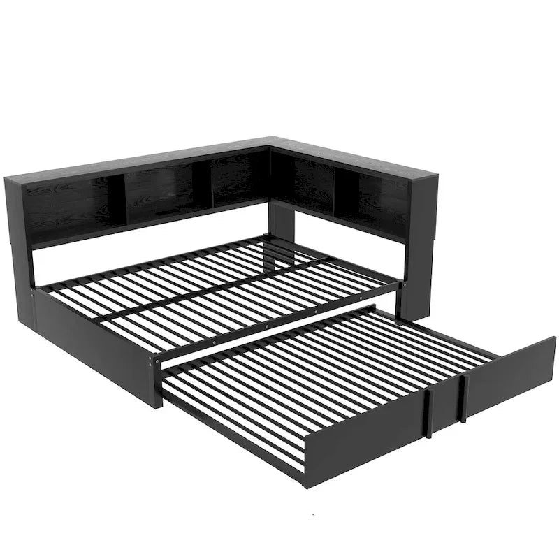 Divano letto con struttura in metallo, con libreria ad angolo, spondina di protezione, porte USB e letto estraibile, a basso profilo