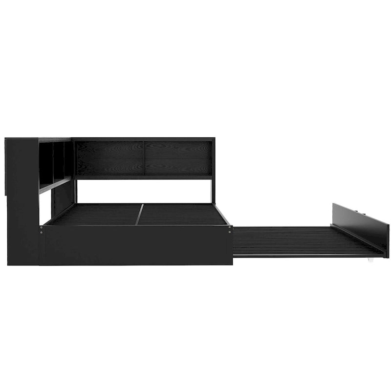 Divano letto con struttura in metallo, con libreria ad angolo, spondina di protezione, porte USB e letto estraibile, a basso profilo