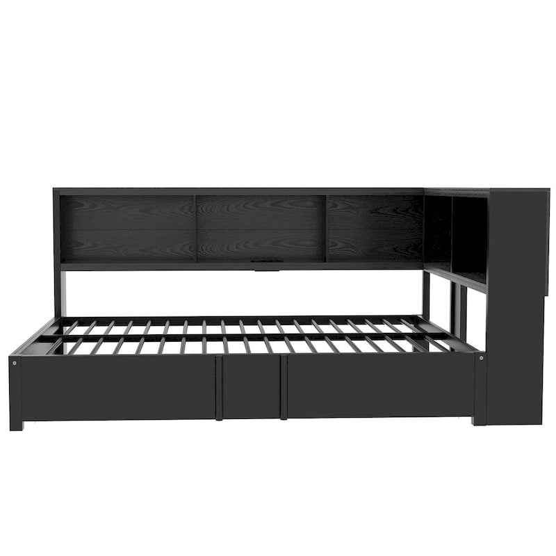 Divano letto con struttura in metallo, con libreria ad angolo, spondina di protezione, porte USB e letto estraibile, a basso profilo