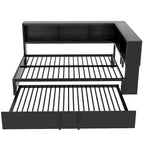 Divano letto con struttura in metallo, con libreria ad angolo, spondina di protezione, porte USB e letto estraibile, a basso profilo